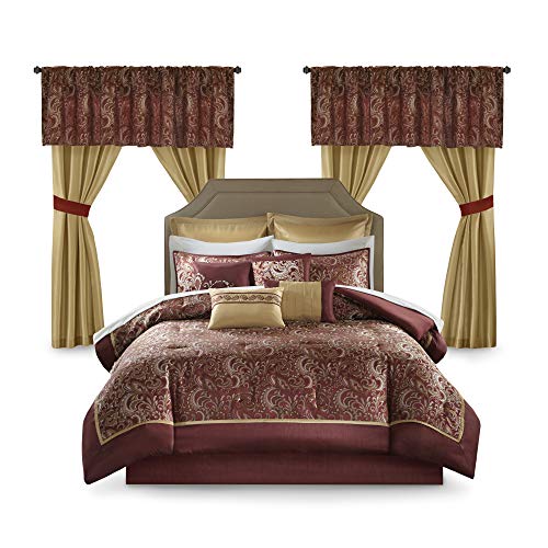 Madison Park Essentials Brystol 24 Piece Room in a Bag Faux Silk Comforter Jacquard Paisley Design Matching Curtains Down Alternative Hypoallergenic All Season Bedding-Set, King (104 in x 92 in), Red Madison Park