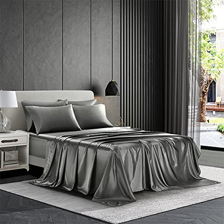 AiMay 6 Piece Satin Bedding Sheet Set King Grey Deep Pocket 1800 Series Luxury Rich Silk Silky Super Soft Solid Color 4 Pillowcases Reversible Sexy Honeymoon Wrinkle Free (King,Grey) AiMay