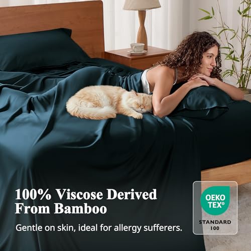 KRIMANO Full Size Sheet Set, Viscose Bamboo Sheets for Bed Set 4pcs, 100% Viscose Derived from Bamboo, Hotel Luxury Silky & Cooling for Hot Sleepers, Deep Pocket Up to 17", Navy Blue KRIMANO