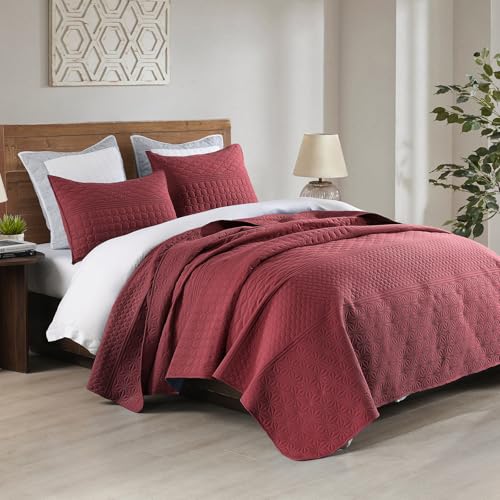 HORIMOTE HOME Burgundy Red Twin Size Quilt Set - Soft Microfiber Bedspread with 1 Sham, Lightweight & All-Season Geometric Coverlet for Cozy Bedding HORIMOTE HOME