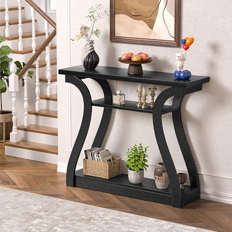 UODERS Wooden Console Table with Curved Legs and Shelf, 3-Tier Modern Accent Narrow Sofa Table for Entrance Area, Living Room, Hallway, 47 in Wide Wood Console Table for Entryway (Black) UODERS