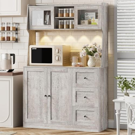 GarveeHome 67 in Tall Kitchen Hutch Storage Cabinet, Coffee Bar Cabinet with 3 Drawers and LED Lights, Freestanding Food Pantry with Countertop for Living Dining Room, Grey GarveeHome