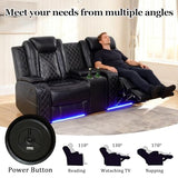 SITYRUBE Power Leather Recliner Sofa Set with LED Lights, Power Reclining Couch Set，Leather Living Room Sofa 3 Pieces with Coffee Table/Cup Holder for House/Home Theater(Black,6 Seater)