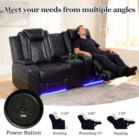 SITYRUBE Power Leather Recliner Sofa Set with LED Lights, Power Reclining Couch Set，Leather Living Room Sofa 3 Pieces with Coffee Table/Cup Holder for House/Home Theater(Black,6 Seater) SITYRUBE