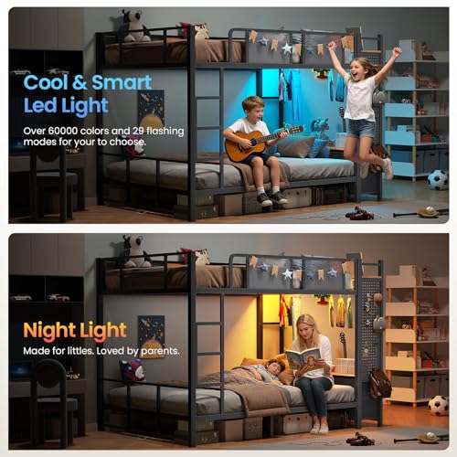 Itaar Metal Bunk Bed Full Over Full with Hall Tree, Power Outlet, LED Bunk Bed with 6 Storage Drawers, Bed with 13‘’ Safety Guardrail & Ladders for Kids and Teen, 400lb Weight Capacity, Rustic Brown Itaar