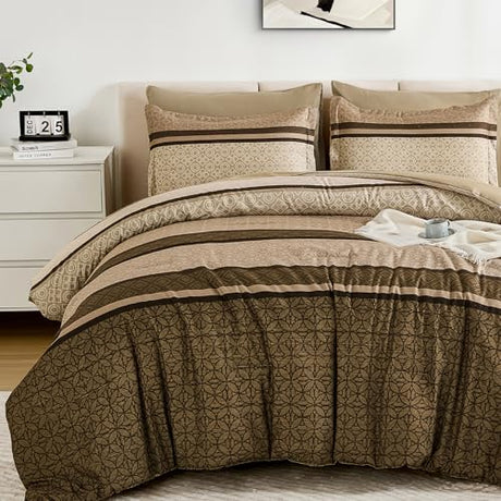 WONGS BEDDING 7 Pieces Comforter Set Queen Size, Brown Striped Bed in a Bag Comforter and Sheet Set, Minimalist Geometric Soft Lightweight Micorfiber Bedding Set for All Season (90"×90") WONGS BEDDING