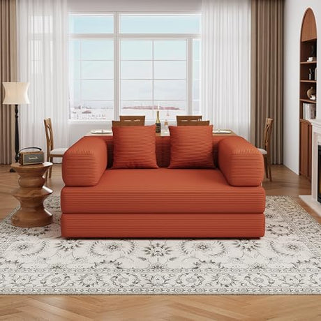 BSHOMGI Folding Sofa Bed, 4 in 1 Convertible Sofas to Lounger Comfy Single Bean Bag Chair Floor Portable Foldable Sleeper Lazy Futon Couch Chair for Bedroom, Living Room (Orange, 53.15" Double Sofa) BSHOMGI