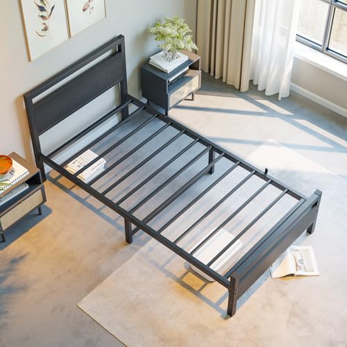 BOFENG Twin Bed Frame with Wood Headboard,Metal Single Platform Bed Frame Twin Size No Box Spring Needed,Heavy Duty Metal Slats Support,Noise Free,Single Bed Base,Easy Assembly,Black BOFENG