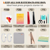 HTVRONT Heat Press Accessories for 10" X 10" Heat Press Machine, Include 3 HTV Vinyl & 150 Sublimation Paper, 20 Heat Transfer Paper, Heat Press Mat, Teflon Sheet, Heat Resistant Tape, Weeding Tools HTVRONT