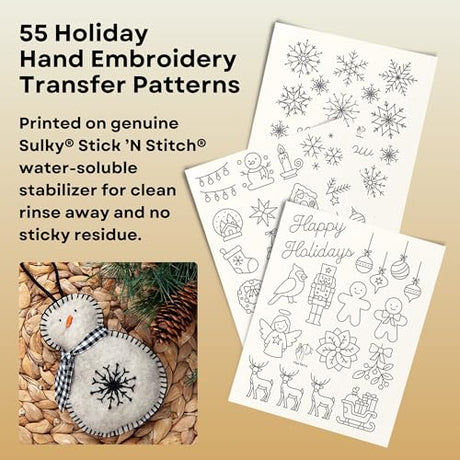 Stick and Stitch Embroidery Patterns, Holiday/Snowflake Designs, Water Soluble Embroidery Stabilizer Transfer Paper, Adult Beginner Hand Embroidery Kit for Gifts (Holiday 3 Pages) HavTerra