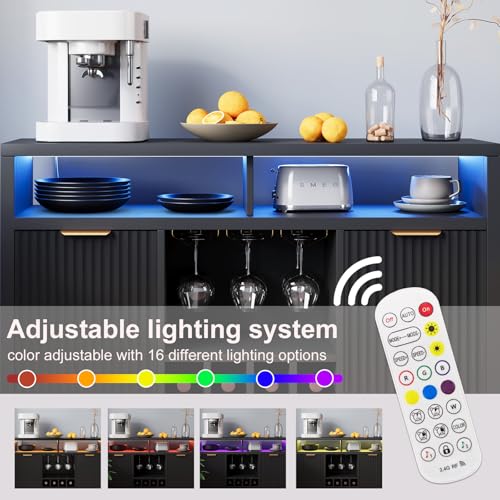 Fluted Home Bar Wine Cabinet with LED Light, Charging Station, Wine Rack - Buffet Cabinet with Storage, Coffee Bar Table, Stylish Fluted Credenza Cabinet for Modern Home Kitchen 47.2" Black Svimi