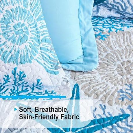 Tritard 3 Piece Coastal Quilt Sets Full/Queen Size - Reversible Microfiber Quilts with 2 Shams Soft Lightweight Beach Bedding Nautical Bedspread Coverlet Summer Comforter for All Season, 90''x96'', C1 Tritard