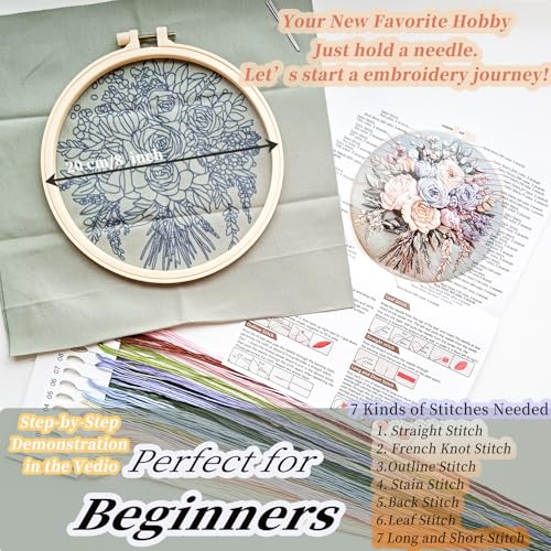 FONNUY Bouquet Flowers Embroidery Kit for Beginners, Pre-Stamped Pattern Kits for Adults with Hoop, Easy to Follow Color Thread Needlework, 8'' Hoop (Joyful Bouquet)