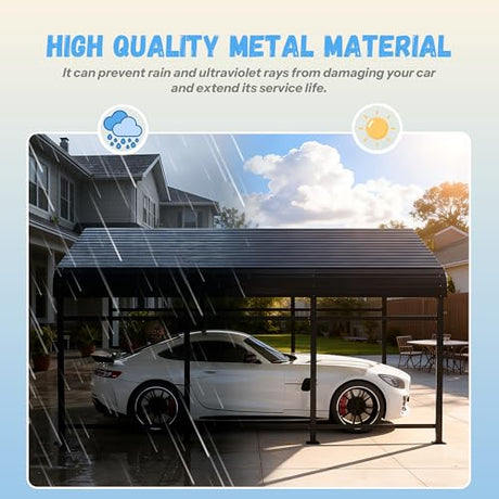 Greesum 10x15FT Metal Carport with Heavy Duty Frame and Galvanized Steel Roof, Round Carports with Side Support Rods, Canopy Shelter for Car, Pickup Trucks, Boats and Tractors, Party, Gray Greesum