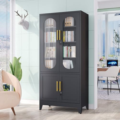 GAIOUS Metal Storage Cabinet with 2 Glass Doors, 71" Tall Lockable Cabinet with Adjustable Shelves, Black Steel Versatile Storage Cabinets for Home Office Garage Gym School GAIOUS