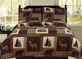 How Plumb Aubrie Home Accents Cozy Cabin 2-Piece Twin Quilt Bedding Set with Pillow Sham Rustic Patchwork Plaid Deer Coverlet Bedspread, Brown Tan Green How Plumb