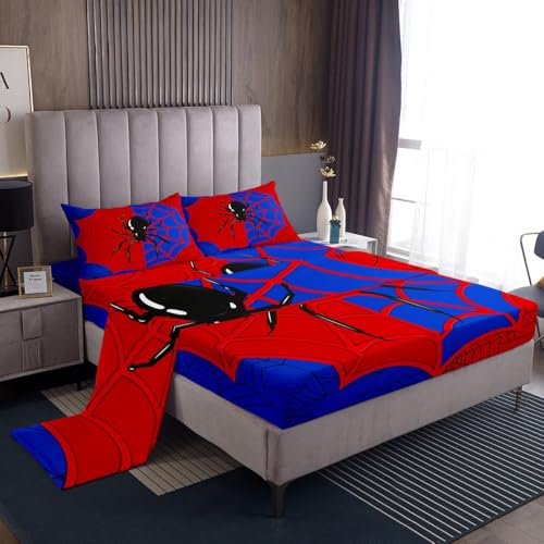 Spider Web Kids Sheet King Size,Black Spider Arachnid Insect Animals Bedding Set,Boys Girls Women Men Room Decor,Halloween GothicRed Blue Unique Bed Sheet Set 4pcs(Fitted + Flat + 2 Pillowcases) Manfei