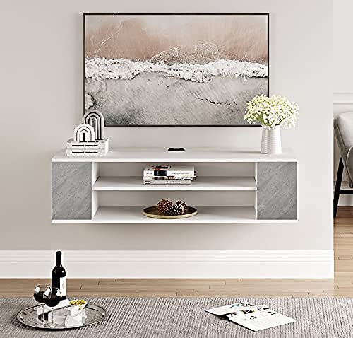 WAMPAT White Floating TV Stand Wall Mounted Shelf Entertainment Center Floating TV Cabinet Media Console Wood Storage Hutch Under TV for Living Room,Grey White,39 Inch WAMPAT