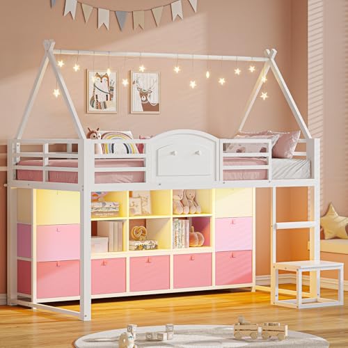 VIAGDO Twin Size Low Loft Bed with 9 Storage Drawers, Bookcase and LED Lights, House-Shaped Metal Twin Loft Bed with Step Stool and Safety Guardrail, Kids Loft Bed with Under-Bed Play Space, White VIAGDO