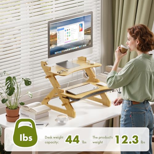 Amazer Standing Desk Converter, 22 inch Bamboo Small Sit Stand Up Desk Riser with Lap Desk Computer Desktop Desk Converter for Monitor and Laptop with Keyboard Tray Amazer