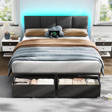 Furnulem Queen Bed Frame with Adjustable Headboard, Upholstered Bed with 2 Storage Drawers, Built-in USB Charging Station & LED Lights, Platform Bedframe with Metal Slats, No Spring Box Needed, Grey Furnulem