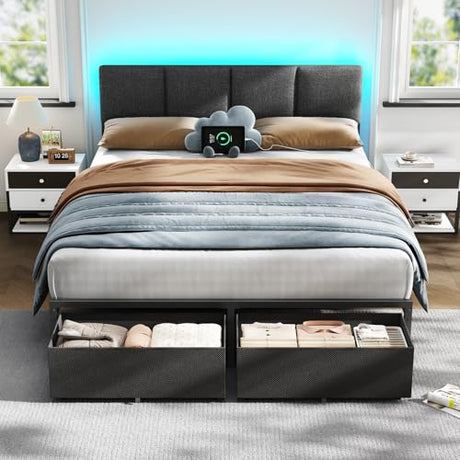 Furnulem Queen Bed Frame with Adjustable Headboard, Upholstered Bed with 2 Storage Drawers, Built-in USB Charging Station & LED Lights, Platform Bedframe with Metal Slats, No Spring Box Needed, Grey Furnulem