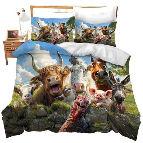 Funny Animals Bedding Set 3 Pieces Soft Lightweight Microfiber Farmhouse Cow Donkey Pig Bedspread Coverlet Set Fun Horse Duvet Cover Twin Full Queen King for Comforter Bed Set for Girls Boys Women Men exroozy