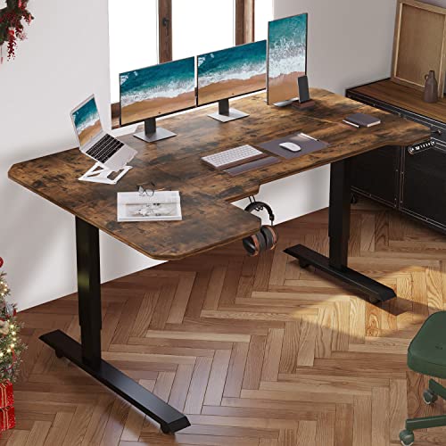 BUNOEM L-Shaped 59" Height Adjustable Electric Standing Desk, Sit and Stand Up Home Office Computer Desk with Splice Board (Rustic Brown Top, Black Frame) - WoodArtSupply