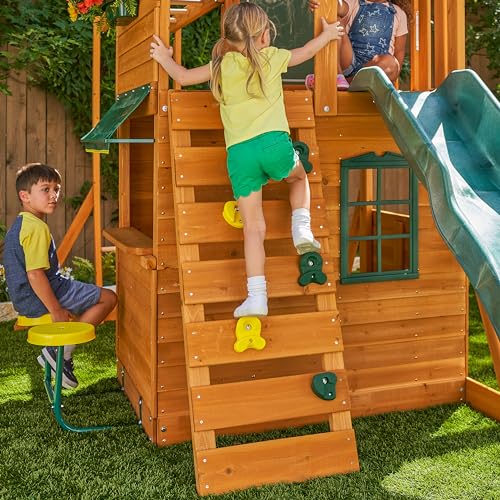 KidKraft Ridgeview Deluxe Clubhouse Wooden Swing Set/Playset with Café Table and Stools, Monkey Bars, Swing and Rock Wall, Gift for Ages 3-10