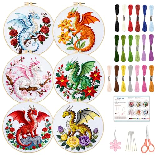 BEUNITONE 6 Sets Embroidery Kits for Beginners with Dragon and Flowers Patterns, DIY Craft Kits for Adults Include Embroidery Hoops and Instructions, Needlepoint Kits for Craft Lover and Home Decor