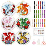 BEUNITONE 6 Sets Embroidery Kits for Beginners with Dragon and Flowers Patterns, DIY Craft Kits for Adults Include Embroidery Hoops and Instructions, Needlepoint Kits for Craft Lover and Home Decor
