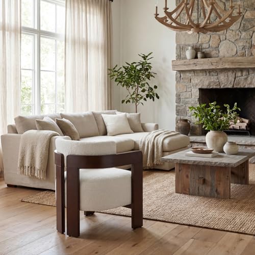 DAYALANE Beige Barrel Accent Chairs Set of 2, Cozy Upholstered Living Room Chair for Bedroom, Walnut Wood Frame, Vintage Modern Lounge Reading Chairs for Apartment Waiting Room Office,Beige DAYALANE