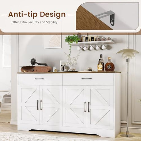 55" Sideboard Buffet Cabinet with Storage, Large Kitchen Storage Sideboard with Drawers & Doors, Modern Wood Farmhouse Coffee Bar Cabinet, Buffet Table for Kitchen, Dining Room, Living Room, White GRUSIGN