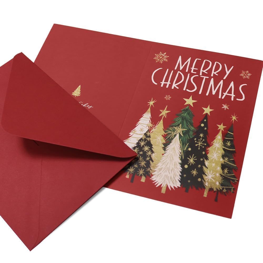 GEEORY Boxed Christmas Tree Cards,4" x 6",Red and Gold Snowflake Holiday Greeting Cards (24 Cards with Envelopes) GEEORY