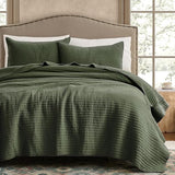 WDCOZY 100% Cotton King Size Quilt Set - Olive Green Striped Pick Stitch Soft Lightweight Bedspread, Textured Like Linen, Farmhouse Country Rustic Coverlet, Shabby Chic Gauze Bedding, 3 Pieces WDCOZY