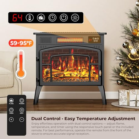 BREEZEHEAT Electric Fireplace Stove-Freestanding Fireplace Heater w/ 3D Flame, Thermostat, Remote, 1500W/750W Quiet Heating, Portable Fireplace for Indoor Use, Overheating Protection, Black, 23" Wide BREEZEHEAT