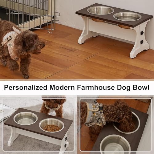 Piskyet Elevated Dog Bowls,Farmhouse Dog Bowls Stand, Raised Dog Bowl with 2 Stainless Steel Wooden Dog Bowls,3.5Cups8.5''H_30 oz Bowl-Farmhouse Style