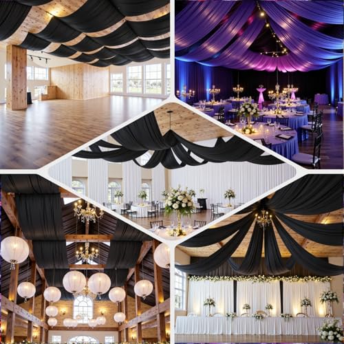 20ftx40ft Black Ceiling Curtain for Wedding Parties – 4 Panels Wrinkle-Free 40 FT Long Tent Draping Curtains for Wedding, Birthday & Theme Parties, 40ft Height with Rod Pocket Party Village