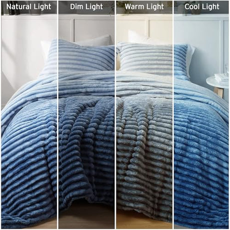 Intelligent Design Queen Comforter Set, Plush Bedding, Microfiber Reverse, 3 Piece, Lightweight, Super Soft Ribbed Velvet Comforter 2 Shams, All Season Fluffy Bed Set, Avril, Full/Queen Blue Ombre Intelligent Design