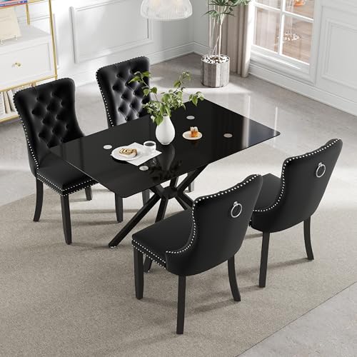 HAIZAO 5 Pieces Modern Luxury Glass Dining Set, Minimalist Rectangle Dinner Room Set for 4, 47'' Black Glass Top Kitchen Table Set with Black Tufted Chairs, for Small Apartment Home HAIZAO