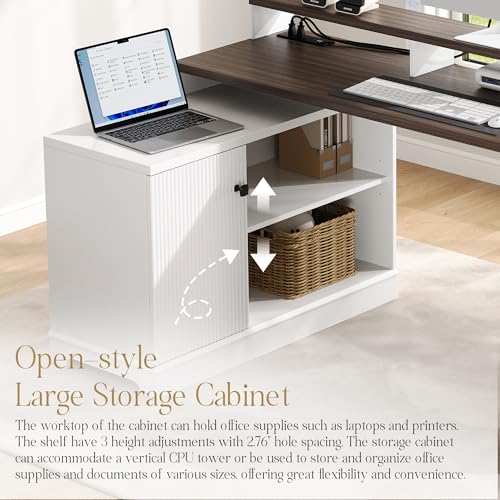 67" L Shaped Executive Desk with Drawers & Storage Shelf, Corner Computer Desk with Power Outlets, Home Office Desk with Monitor Stand, Printer Shelf, Computer Writing Desk for Work, Antique White CASSORA