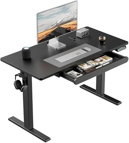 HUANUO Height Adjustable Electric Standing Desk, 48 x 24 inches, A Large Under-Desk Drawer (with Slide Rails), 4 Adjustment Memory Presets, Black HUANUO