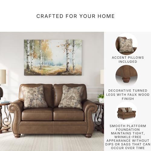 Signature Design by Ashley Shadsburne Rustic Faux Leather Loveseat with Nailhead Trim and 2 Throw Pillows, Brown Signature Design by Ashley