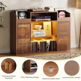IRONCK Luxury Record Player Stand with Storage, Holds 1500+ Vinyl Records, Large Record Storage Cabinet with Sliding Doors & Charging Station & LED Light, Brown IRONCK
