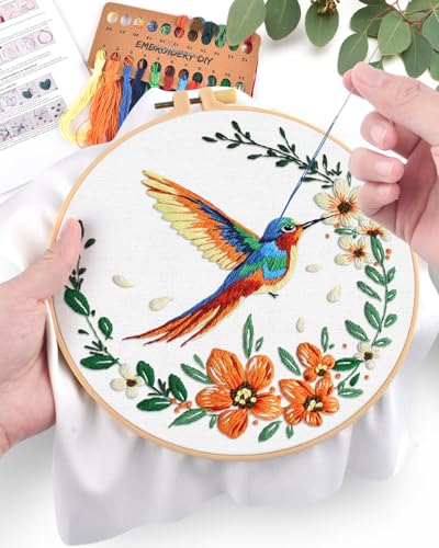 ERKOON Embroidery Kit for Beginners, Hummingbird and Flower Cross Stitch Set for Include Embroidery Cloth Hoops Threads for Craft Lover Hand Stitch (Colorful Hummingbird) ERKOON