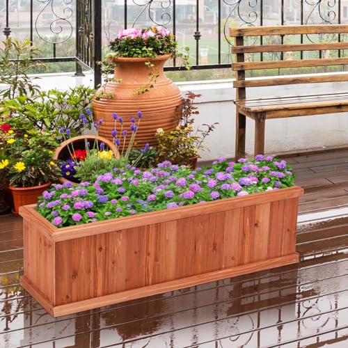 LDAILY Raised Garden Bed, Outdoor Rectangle Flower Beds with Durable Bottom Panels & 2 Drainage Holes, Wood Planter Box for Flowers/Vegetables/Fruits in Backyard Patio (40" L x 12’’ W x 12’’  - WoodArtSupply