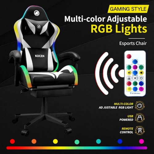Gaming Chairs for Adults Tall and Kids，Lumbar Support,LED Lights，High Back Reclining Computer Chair with Headrest (Black+White) OHFILA