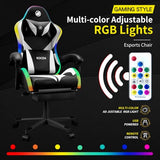 Gaming Chairs for Adults Tall and Kids，Lumbar Support,LED Lights，High Back Reclining Computer Chair with Headrest (Black+White) OHFILA