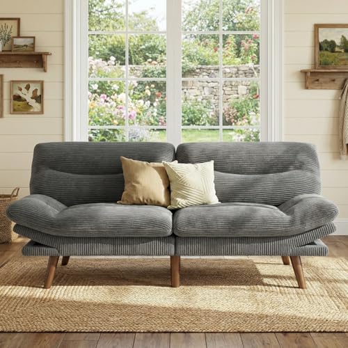 Marsail 75" Futon Sofa Bed, Convertible Corduroy Futon Couch with Adjustable Backrest & Armrests, Small Sleeper Sofa Loveseat for Living Room, Apartment, Office, Grey Marsail