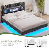 Dnxao Floating Bed Frame Queen with Headboard, Upholstered Platform Queen Bed Frame with Storage, LED Lights and Charging Station, Noise Free, No Box Spring Needed,Quick Setup System,PU Black Dnxao